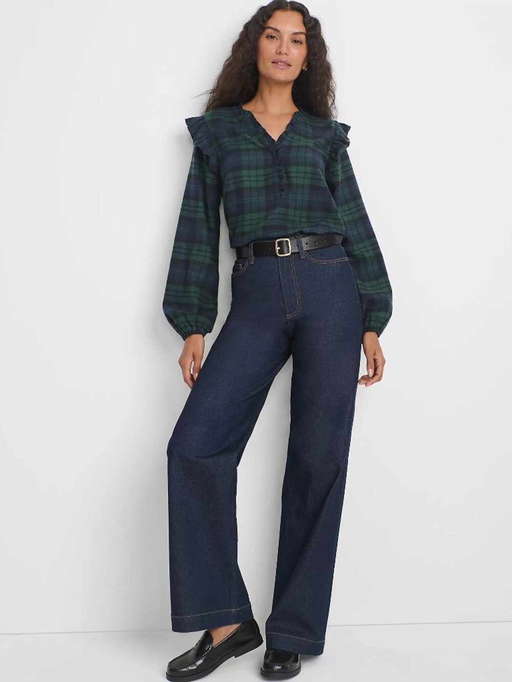2/$30 Lands' End Ruffle Flannel Popover Top Deep Forest Blackwatch Plaid #A2309